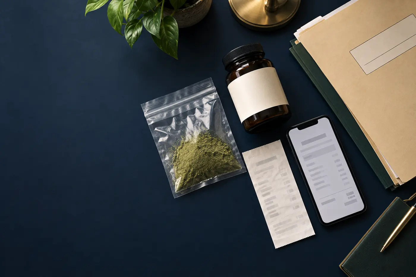 Illustrative arrangement of an unbranded botanical product, packaging, receipt, phone, and records