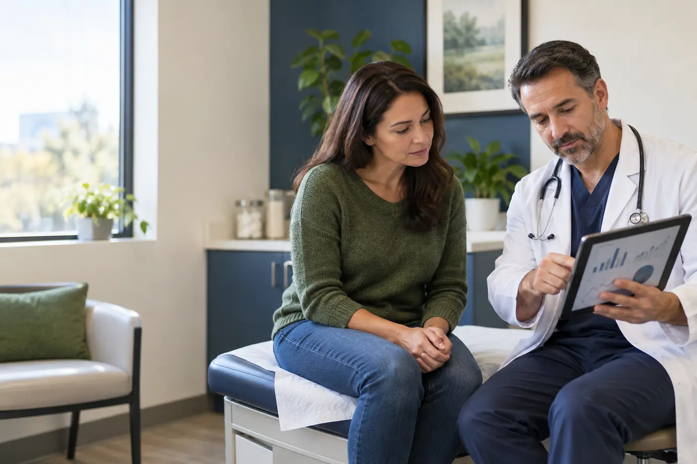 Illustrative medical consultation reviewing health information after emergency treatment